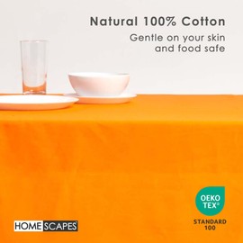 HOMESCAPES Orange Table Cloth, Plain Cotton Tablecloth, Square, Handcrafted & Durable Dining Table Cover with Hem Stitch, Hypoallergenic, Washable, 137 x 137cm