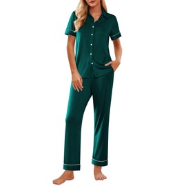 Ekouaer Women Pajamas Set Button Down Short Sleeve Pjs Set Soft Lounge Set with Long Pants,Green M