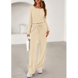 PRETTYGARDEN Women's 2025 Fall Trendy 2 Piece Outfits Lounge Sets Long Sleeve Top Henley Shirts Wide Leg Pants Travel Clothes (Beige,Small)