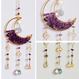 Kawlxpp Handmade Crystal Decor Hanging Moon Suncatcher with Glass Prisms for Window Making Rainbows Indoor (Purple)