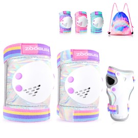 Knee Pads for Kids, ZOOBLISS Toddler Knee and Elbow Pads Set Wrist Guards for Skating Girls Aged 3-12, Kids Protective Gear for Roller Skates Skateboard Bike Scooter, Included Drawstring Bag (Rainbow)