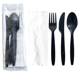 50 Heavy Weight Disposable Plastic Cutlery Sets | Packets - Knife Fork Spoon Napkin | Made from Recycled Plastics and 100% Recyclable, Eco-Friendly To Go Silverware, Utensils