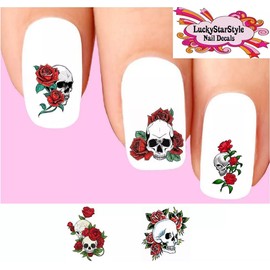 Waterslide Nail Decals Set of 20 - Skull with Red Roses Assorted
