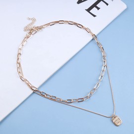 Inilbran Boho Layered Square Choker Necklace Gold Initial Square Pendant Necklace Paper Clip Chain Necklace Choker Vintage Round Snake Chain Necklace Choker