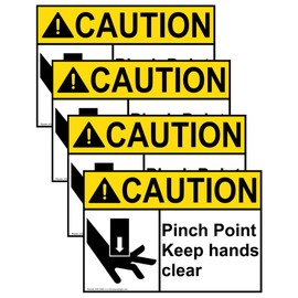 ComplianceSigns.com CAUTION Pinch Point Keep Hands Clear ANSI Label Decal, 5x3.5 inch 4-Pack Vinyl for Machinery, American Made Safety Signs for the Workplace