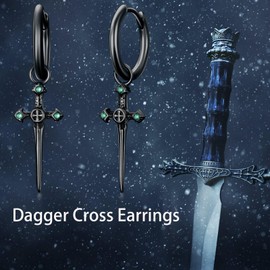 PROESS 925 Sterling Silver Black Medieval Sword Dangle Drop Earrings Dagger Hoop Earrings Cross Earrings for Women Men