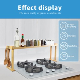 MAVOTER 34 Inch Over The Stove Spice Rack - 34.6 * 5.1 * 13.6 Inch Bamboo Over The Stove Shelf for Kitchen,Easy Installation Bamboo Spice Organizer for Stove Top