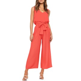 Women 2 Pieces Casual Tracksuit Summer Sleeveless Tank Top High Waist Trouser with Pocket Fluorescent Orange Red Top & Trouser S