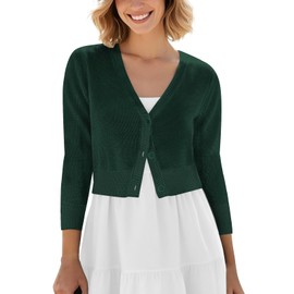 Urban CoCo Women's Cropped Cardigan V-Neck Button Down Knitted Sweater 3/4 Sleeve (S, Dark Green)