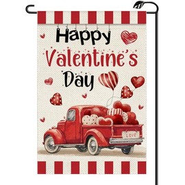 Love Heart Happy Valentines Day Garden Flag 12x18 Inch Vertical Double Sided Truck with Balloons Small Flags Anniversary Wedding Outside Decoration For Yard (ONLY FLAG) QR19