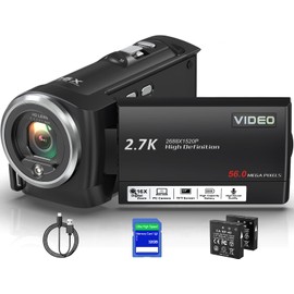 Muitune Camcorder Video Camera QHD 2.7K 56MP 16X Digital Zoom Vlogging Camera with LED Fill Light for YouTube, 2.8 Inch 270 Degree Rotation LCD Screen Camcorder with 32GB SD Card and Two Batteries