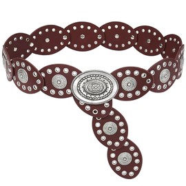 RainFlowwer Disc Boho Western Belt for Women–Stylish Chunky Cowgirl Belt with Metal Buckle,PU Leather,Perfect for Dresses & Jeans (Brown)