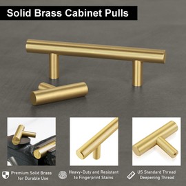 QOGRISUN 5-Pack Solid Brass Cabinet Pulls, Gold Euro Style T Bar Handles, 3-3/4-Inch Hole Center for Kitchen Drawer Dresser Cupboard, 5.9-Inch Total Length, Brushed Brass Finish
