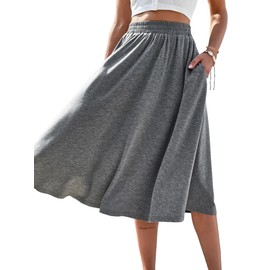 SOFIA'S CHOICE Women's High Elastic Waist Midi Skirt with Pocket A Line Swing Skirts Grey Small