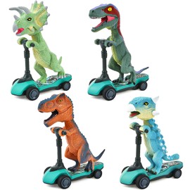 FGZU Dinosaur Toys for Kids 3-5, 4-Pack Dino Scooter Toys, Pull Back Cars Mini Finger Kick Scooters Boy Toy Age 3 4 5 6, Dinosaur Gift Sets Toy for Boys Age 3-6