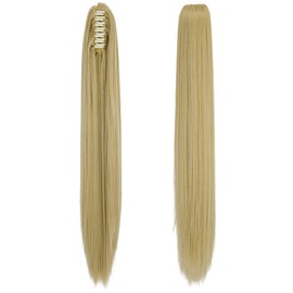 OMGREAT Claw on Ponytail Clip in Hair Extensions Straight Curly Wavy Long Hair Piece Pony Tail 21 Inch 150g Straight - Sandy Blonde Mix Bleach Blonde