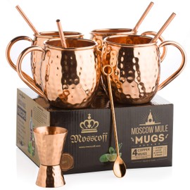 Moscow mule copper mugs set of 4 - copper jigger, twisted copper straws, copper bar spoon come with 4x16 oz copper mugs. Complete moscow mule kit. Moscow mule gift set for 7th aniversary wedding.