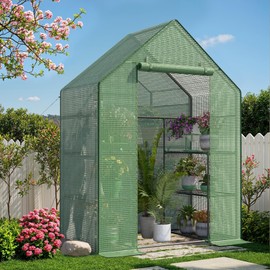 Greenhouse for Outside with Screen Windows, Outdoor Walk in Greenhouses with Durable PE Cover, Small Portable Green House with Shelves Stands,Green