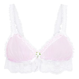 Satini Sissy Frilly Lace Fitted Sheer Bralette (Baby Pink - White, L)