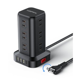 YUDOFICAL Power Strip Tower, Outlet with USB Outlet, 12 AC Outlets, 3USB-A and 1Type-C Ports, 6.6 ft (2 m), Extension Cord, 180° Swing Plug, PSE Certified, Table Tap, Bulk Switch, Energy Saving