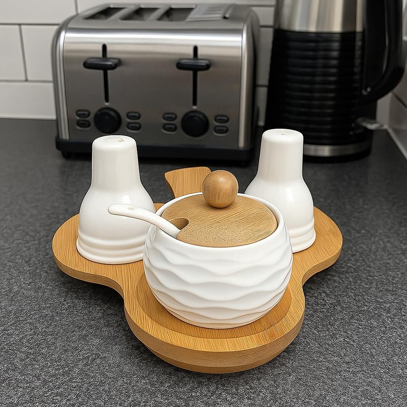 Ceramic Condiment Set with Bamboo Base – Salt and Pepper