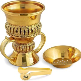 AttarMist Bakhoor Incense Cone Holder Resin Burner- Frankincense Charcoal Burner | Oud Myrrh Censer with Ashtray and Tong | Quemador De Incienso | difusor de incienso | Ideal for Yoga, Spa and Aromatherapy - Color: Gold
