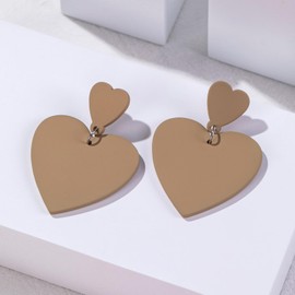 Double Heart Dangle Earrings for Women - Statement Heart Shaped Earrings, Cute Lover Earrings for Concert and Valentine's Day (Brown)
