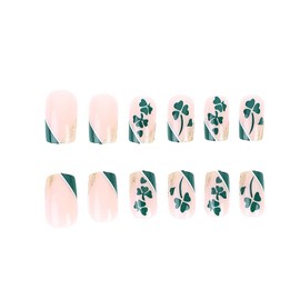 Shamrock Press on Nails Short Square Glitter Gold Foil Design Coffin False Nails St. Patrick's Day Green French Fake Nails Full Cover Reusable Artificial Acrylic Nails Glue on Nails for Women 24Pcs