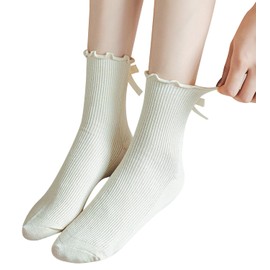 BonjourMrsMr Womens Bow Socks Ruffle Casual Crew Black Whitte Soft Breathable Cotton 4 Pairs Socks
