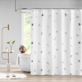 Jubilantex Butterfly Shower Curtain for Bathroom, White Silver Print Farmhouse Waterproof Bathroom Decorative Rustic Kids Shower Curtain with 12 Rust Proof Grommets for Spa Hotel, 70x72 Inches