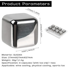 Reusable Ice Cube Stones, 8 Pieces Stainless Steel Cooling Stones with Free Tongs and Freezer Compartment Gin Ice Cubes Cooling Stones Tray Gift Sets for Christmas New Year Birthday