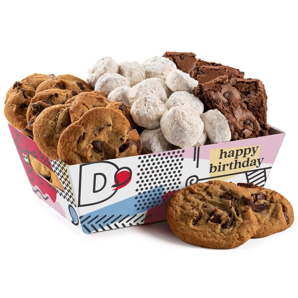 David’s Cookies Birthday Cookie Gift Basket - Gourmet Cookies with Chocolate Chips, Pecan Butter Meltaways, Brownies – Deliciously Flavored Cookies & Brownies with Themed Crate - Ideal Gift for Corporate Birthday Fathers Mothers Day Get Well and Other Spe