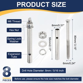 PATIKIL M6 x 80mm 304 Stainless Steel Expansion Bolts, 8 Pcs External Hex Expansion Screw Bolt Sleeve Lengthened for Concrete Drywall Construction Projects, Silver