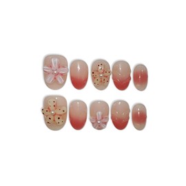 TENPAL Handmade Press On Nails Short Oval 10Pcs with Tools Kit, Coral Blush Gradient Pink Glue on Nails with Hand-Sculpted Flowers, Reusable Glossy Summer Beach Vacation Fake Nails for Teens Girls(XS)