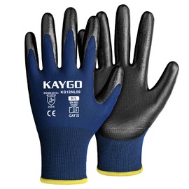 KAYGO Work Gloves Nitrile Coated, 12 Pairs KG12N，Seamless Knit, Protective Safety Work Gloves with Good Grip for General Work,Blue, L