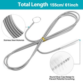 RayTour Extra-Thick Drain Brush with Stronger Spring 61-Inch Stainless Steel and Nylon Pipe Cleaner for Flexible, Curved & Slim Holes, Stronger Spring Version