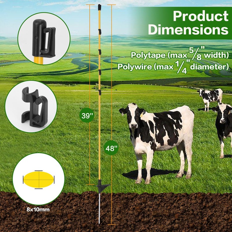 CYM-INSIST 24Pcs 48in Fiberglass Step-in Electric Fence Posts