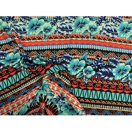 10 Yard Lot Challis Rayon Apparel Fabric Tropical Floral Aztec Aqua Blue Red White F406