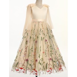 Flower Girl Maxi Dress for Wedding Formal Bridesmaid Satin Top Floral Embroidered Tulle Skirt V Neck Tea Pageant Party First Communion Dresses Princess Backless Ball Evening Gown Apricot 9-10 Years