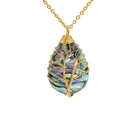 Hand Wrapped Abalone Shell Tree of Life Pendant Necklace Small, Golden Wire