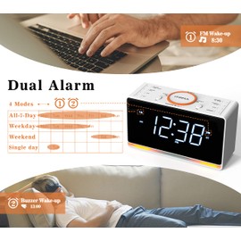 iTOMA Alarm Clock Radio, 1.4" White LED Display Clock with Bluetooth, FM Radio, Dual Alarm, Sleep Timer, Snooze, Auto & Manual Dimmer, USB Charger and Night Light CKS718