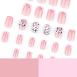 24 Pcs Pink French Press on Nails Short Square 3D Texture Design - YIHONGYAN Fake Nails Press ons Nail Tips Acrylic Nail Art Kit Glue on Nails Full Cover Bow Rhinestones Fake Nails for Nail Art DIY