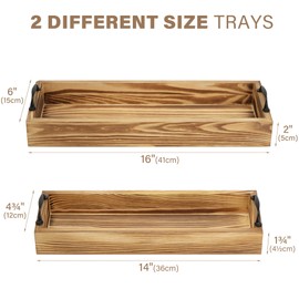 LotFancy Wooden Decorative Tray, Set of 2, Brown Long Rustic Centerpiece Tray for Dining Room, Coffee Table Décor, Rectangle Farmhouse Tray with Handles, Candle Holder Ottoman Tray