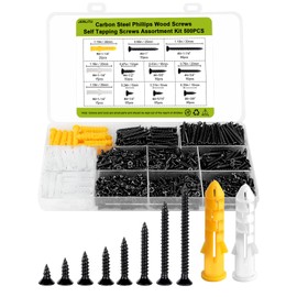 Wood Screws Assortment Kit, 500Pcs Phillips Drive Assorted Screws, Black Flat Head Wood Screws, 8 Sizes (1/4",5/16",3/8",1/2",5/8",3/4",1",1-1/4") with 50 M6 Anchors