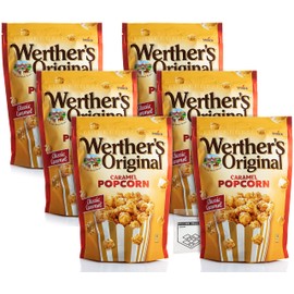 Werther's Original Caramel Popcorn Pack of 6 Bags of Classic Caramel Popped Popcorn - Popped Kettle Corn Snack Bags - Bundle with Ballard Products Pocket Bag