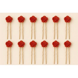 Zohvia Red Rose Hair Pins – Handmade Floral Hair Clips for Women & Girls | Romantic Wedding Hair Accessories | Lightweight Rose Bun Pins for Bridesmaids, Prom, Daily Wear – 12 Pack