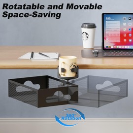 lomonmen Under Desk Drawer with Drink Holder and Cable Holes, 360° Rotating Desk Organiser, Undermount Drawer for Home and Office