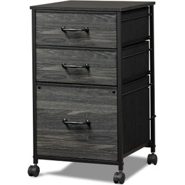 DEVAISE 3 Drawer Mobile File Cabinet, Rolling Printer Stand with Open Storage Shelf, Fabric Lateral Filing Cabinet fits A4 or Letter Size for Home Office, Charcoal Black Wood Grain Print
