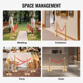 VEPLIT 8PCS Stainless Steel Stanchions Post w/ 6 Red Velvet 5ft Carpet Ropes - Hollow Base for Red Carpet Queue - Crowd Control Barriers Ideal for Party, Wedding, Hotels, Exhibitions - Gold