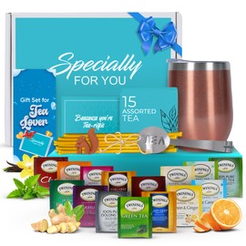 Modern Elegance Tea Tumbler Gift Set – Includes Tea Bag Holder, Spoon, Honey Straw, 15 Assorted Flavor Blends & Hot & Cold 12oz Insulated Tumbler – Ideal for Holiday Gift for Tea Lovers – Rose Gold